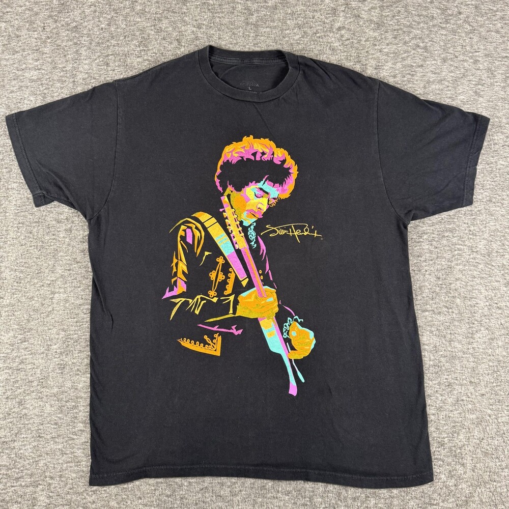 Jimi Hendrix Shirt Mens Large Black Psychedelic Neon Guitar Graphic Rock Tee